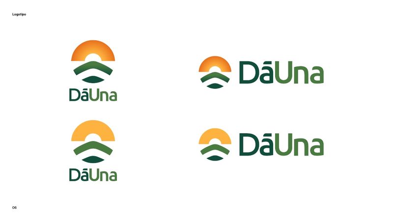 As quatro versões do logotipo DāUna sobre fundo branco, nas duas variações de cor do sol