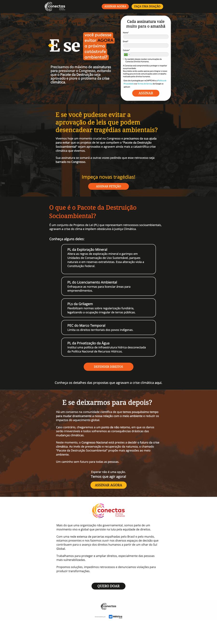 Print da landing page do abaixo-assinado, com o formulário de assinatura