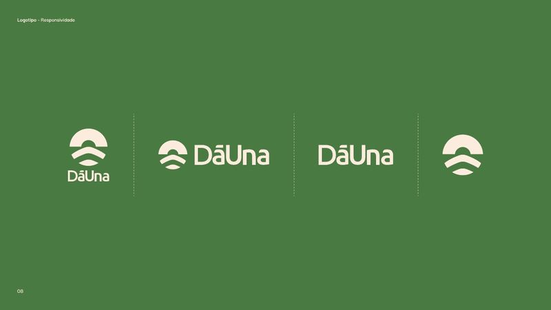 As quatro versões da marca DāUna sobre fundo verde: vertical, horizontal, só o logotipo e só o símbolo