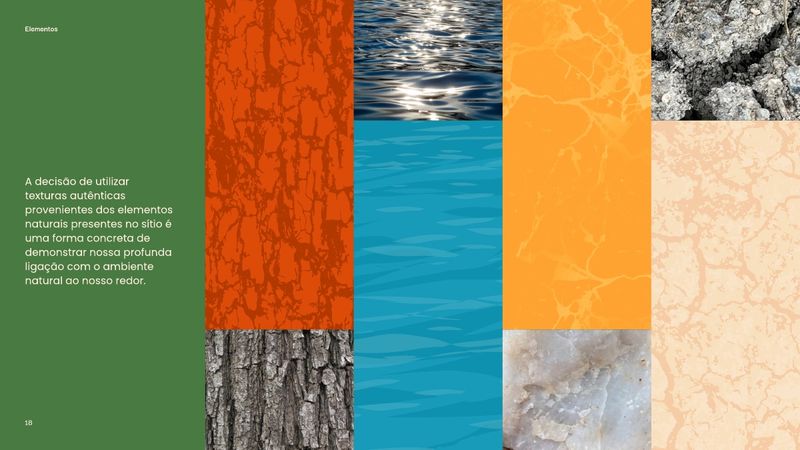 Grafismos da DāUna a partir de texturas de casca de árvore, água, solo e minerais nas cores da marca